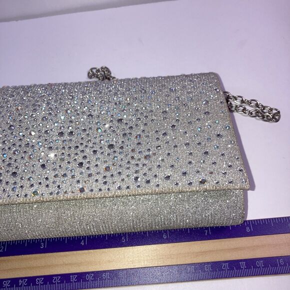 Jessica McClintock Silver Rhinestone Evening Clutch Bag Chain Shoulder Strap - Picture 3 of 4